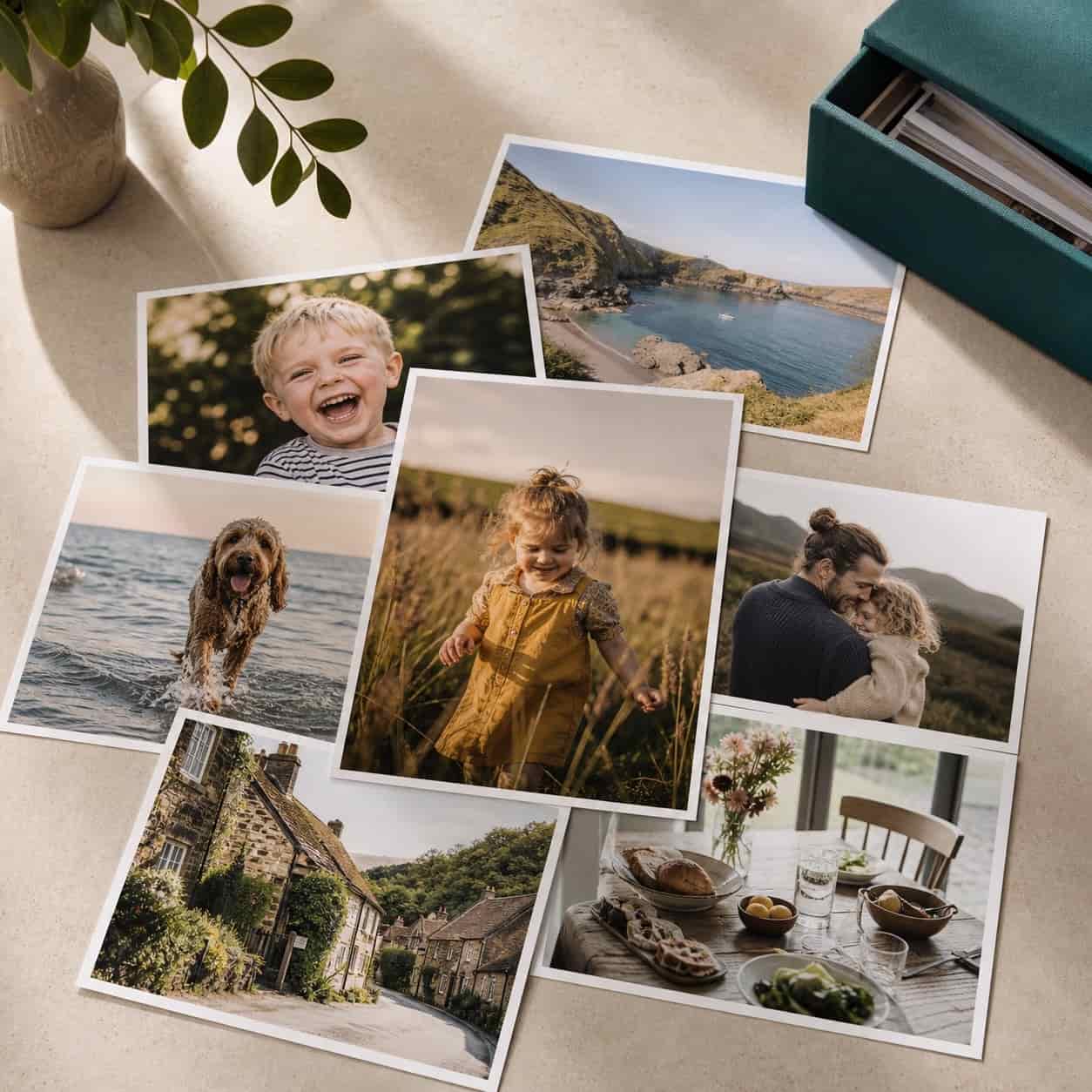 An arranged spread of high-quality photo prints