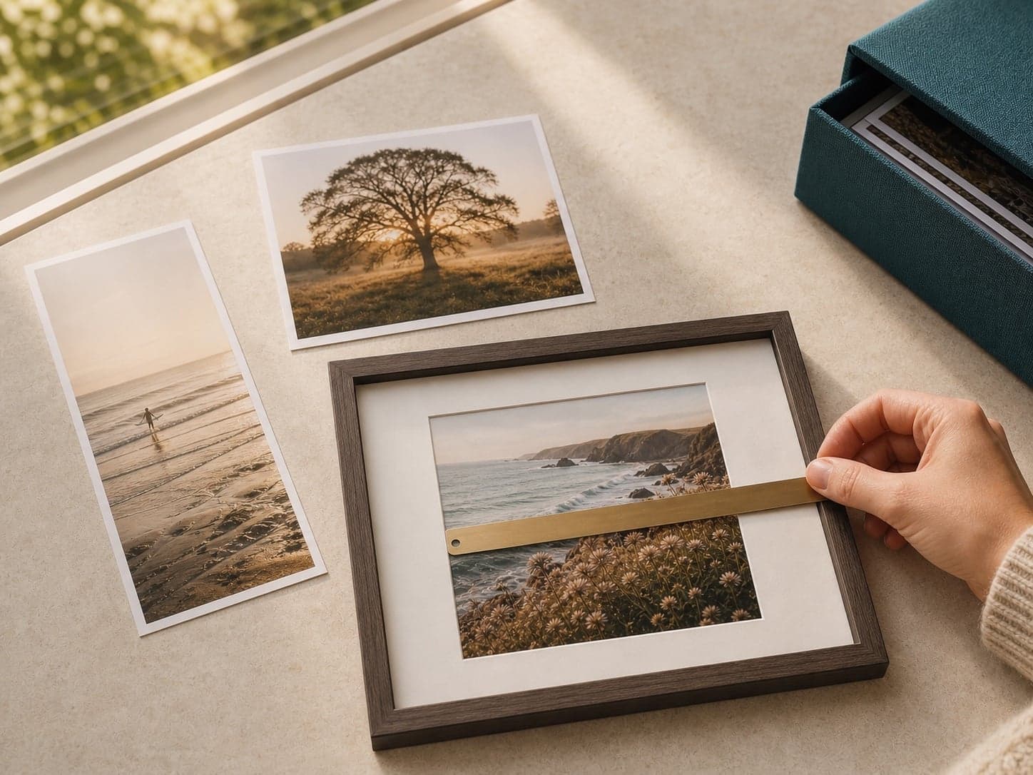 Custom-sized photo prints beside a frame and brass measuring ruler