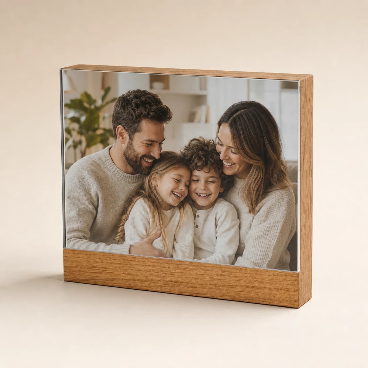 Solid oak personalised photo block in a studio setting