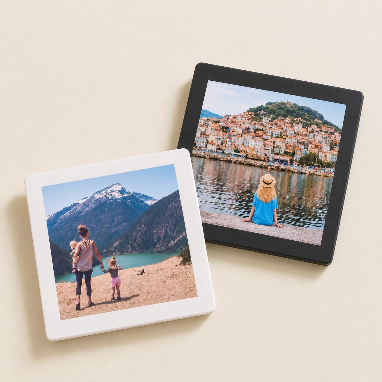 Black and white personalised fridge magnets with flush photo faces