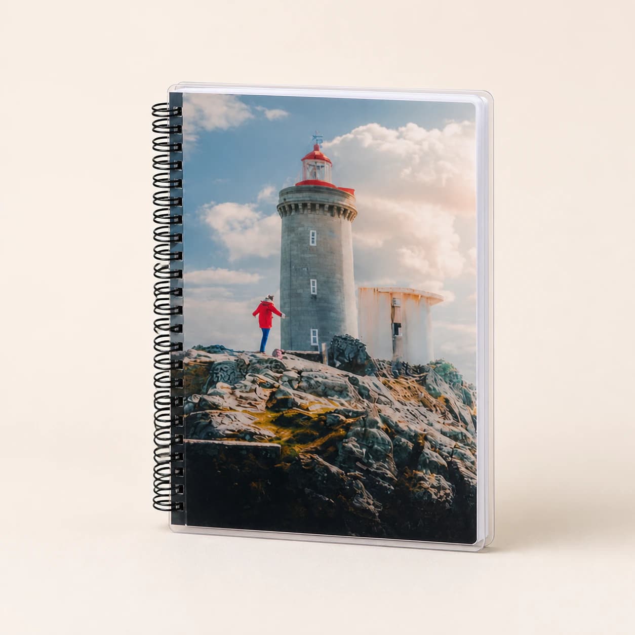 Spiral-bound personalised photo notebook in a studio setting