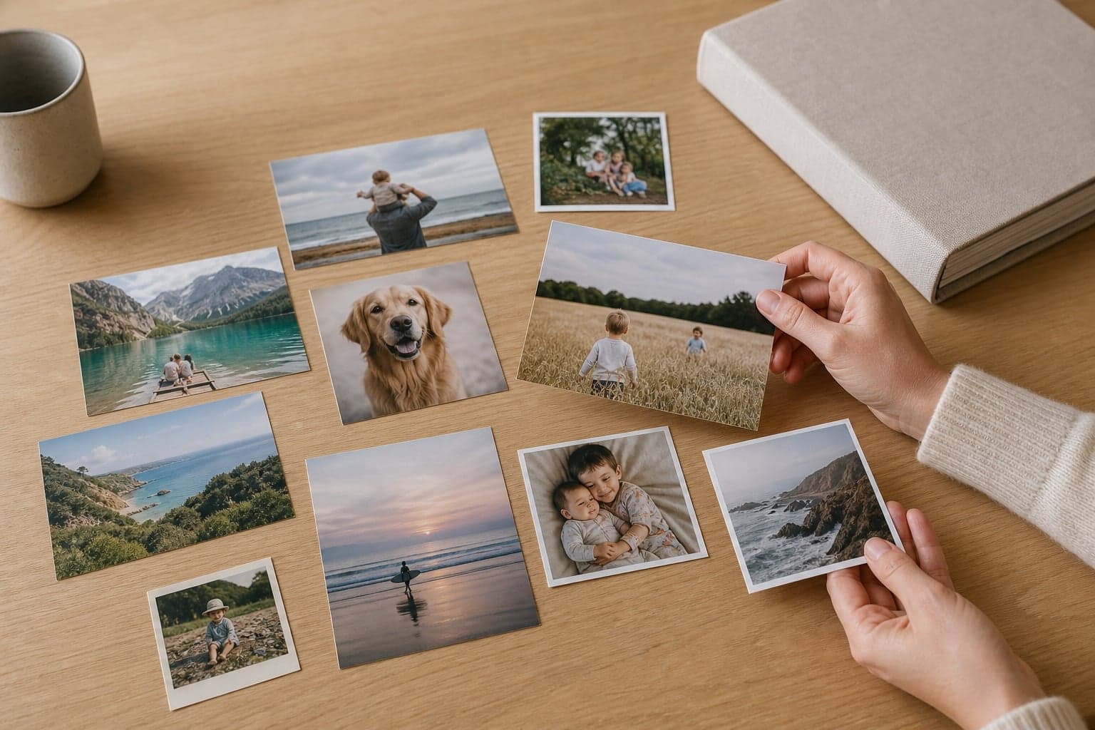 Hands sorting a mix of classic, square, and retro photo prints on an oak table