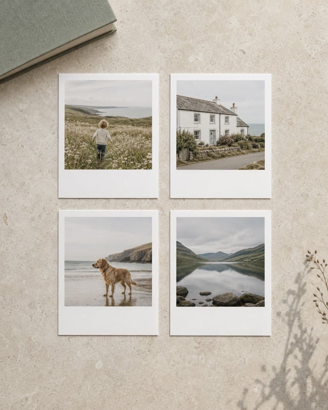 Four identically sized portrait retro photo prints arranged on a warm stone table