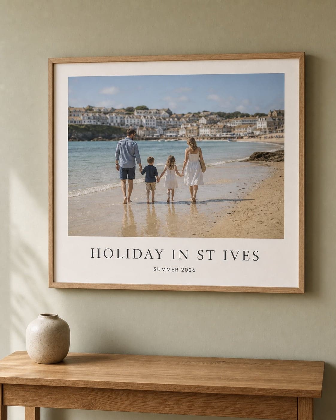 Large framed family Text Print titled Holiday in St Ives displayed above an oak console table