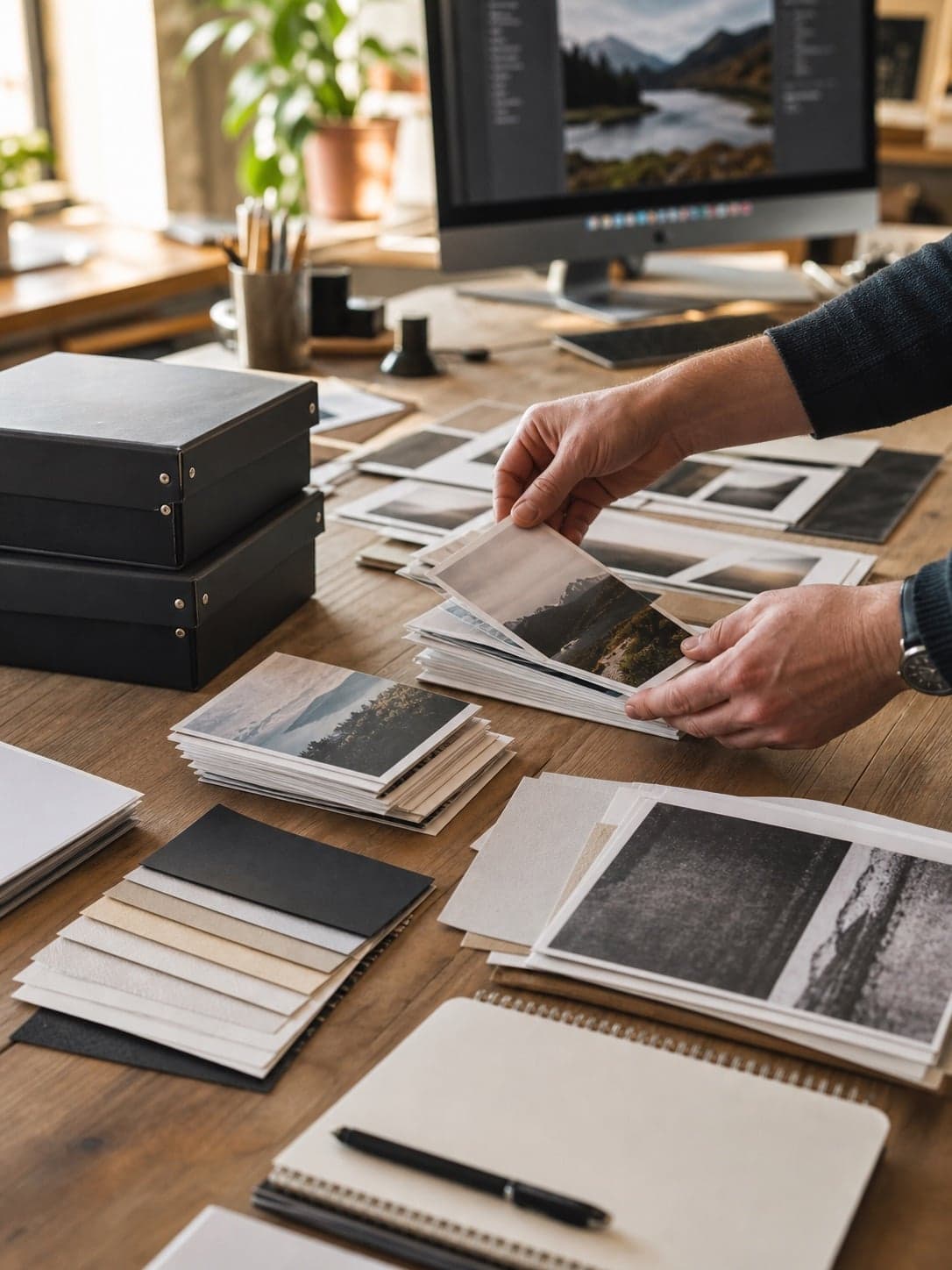 A photographer sorting print sizes, paper samples and proof prints at a studio desk