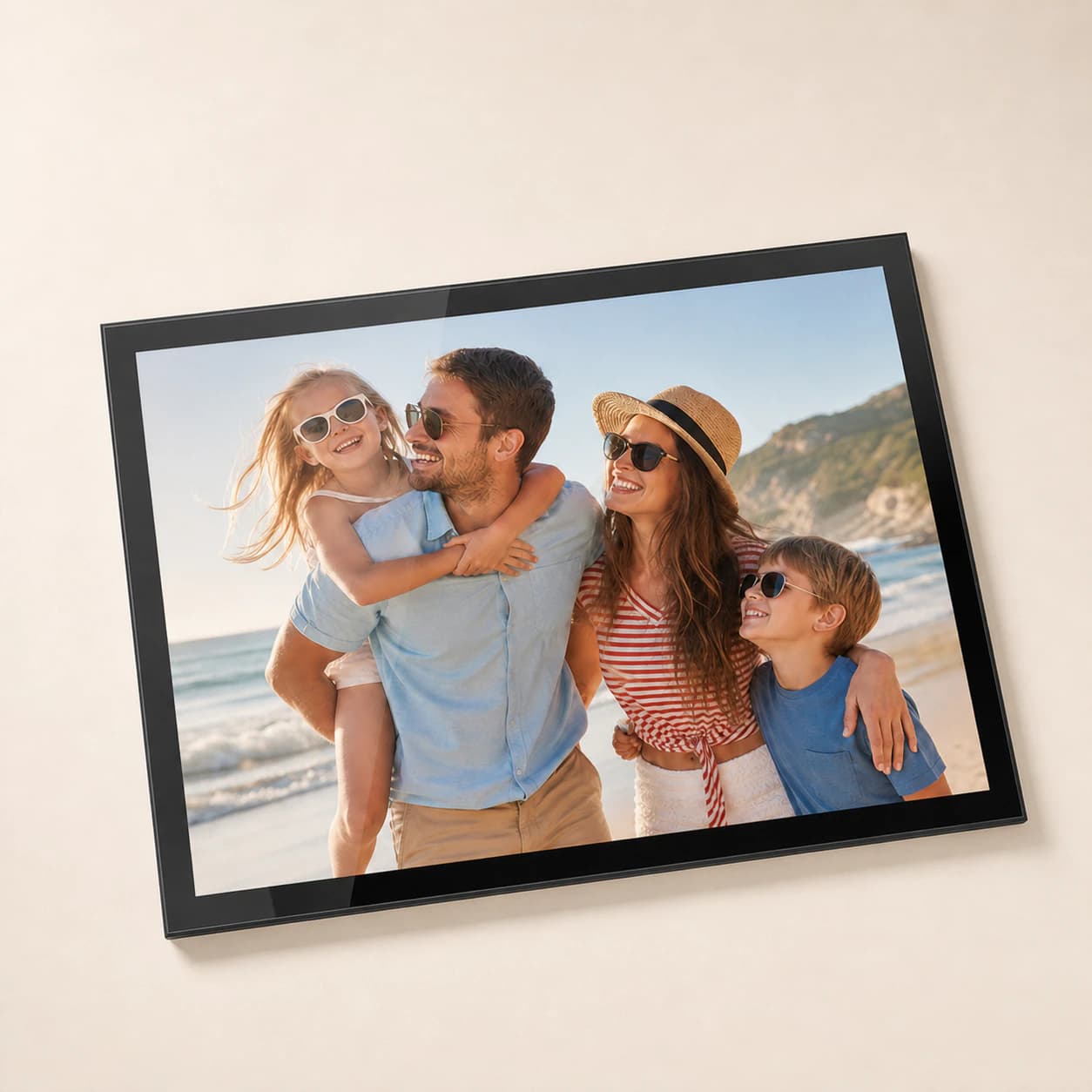 Personalised rectangular glass photo placemat in a studio setting