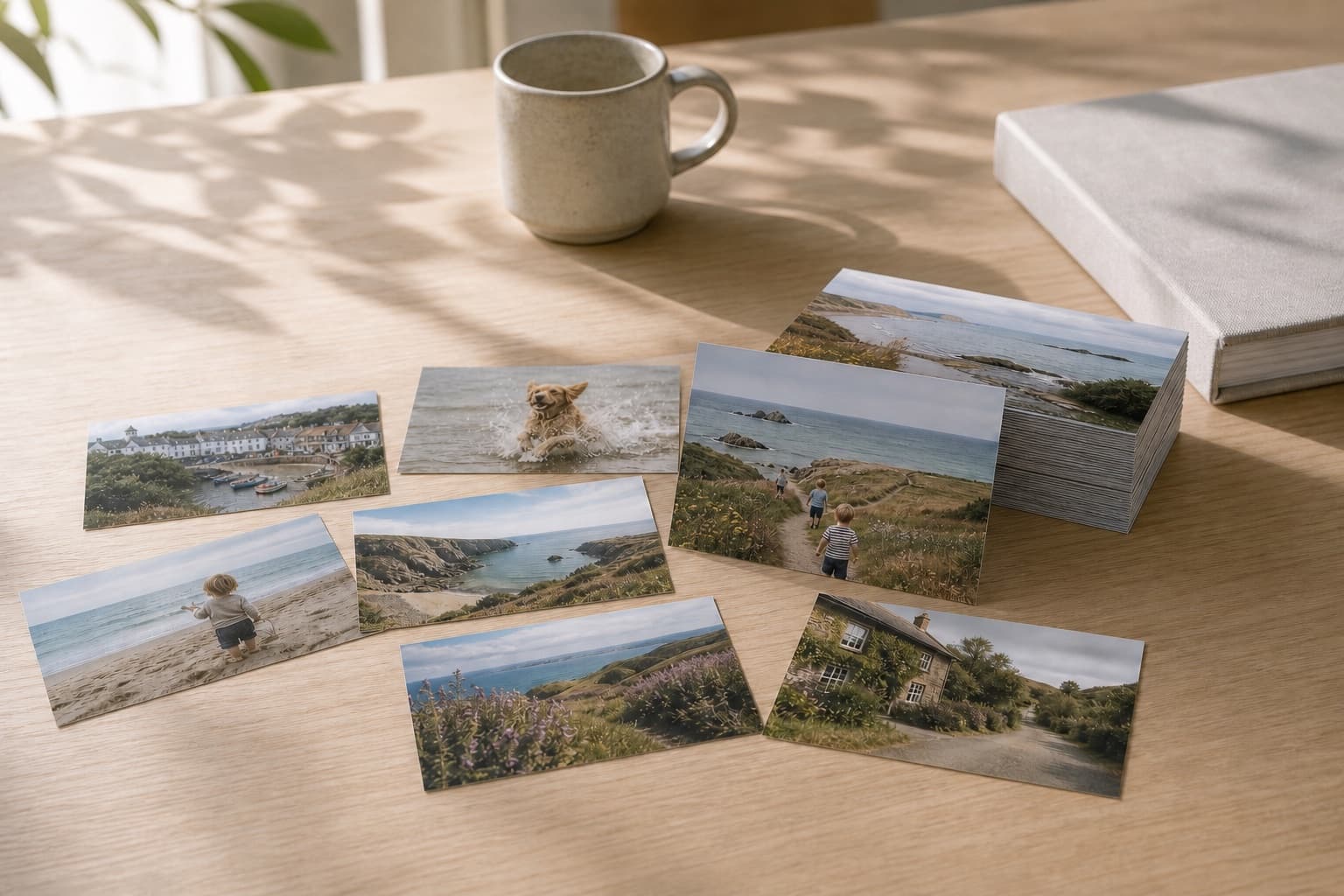 An assortment of photo prints arranged in stacks on a pale oak table