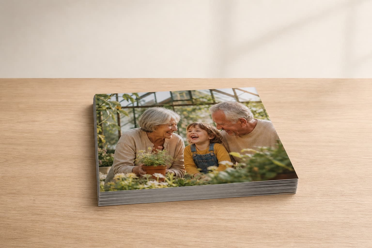 A shallow stack of 10x8" photo prints on a pale photo-lab worktable