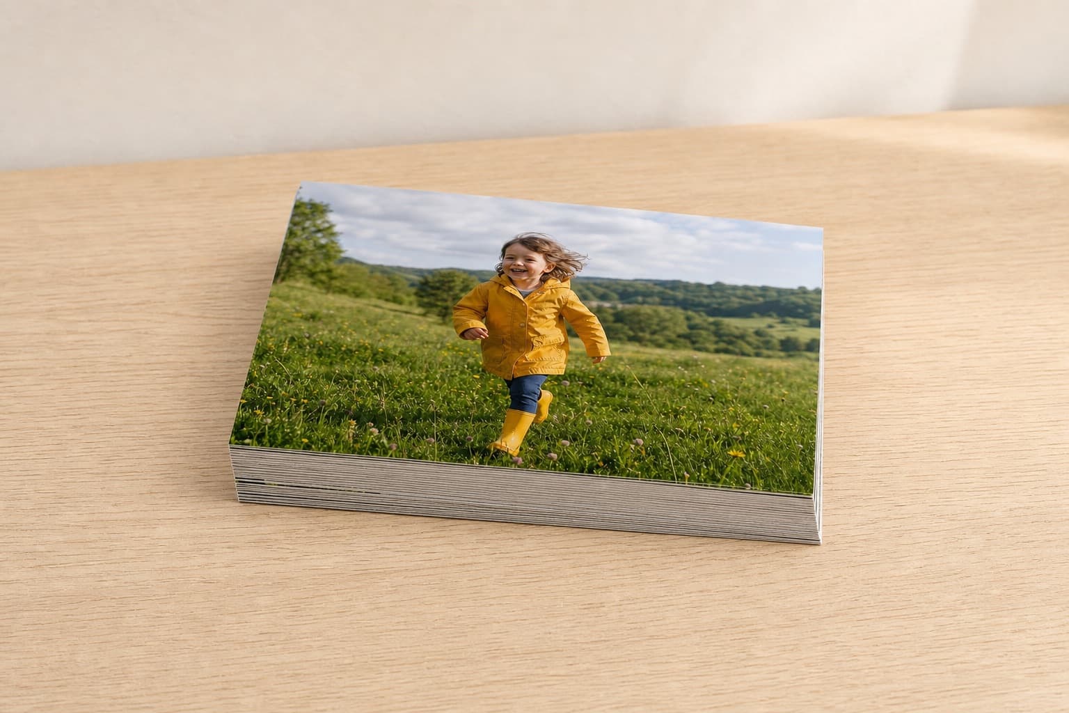 A shallow stack of 8x6" photo prints on a pale photo-lab worktable