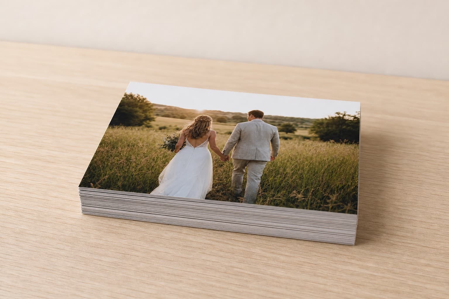 A shallow stack of 9x6" photo prints on a pale photo-lab worktable