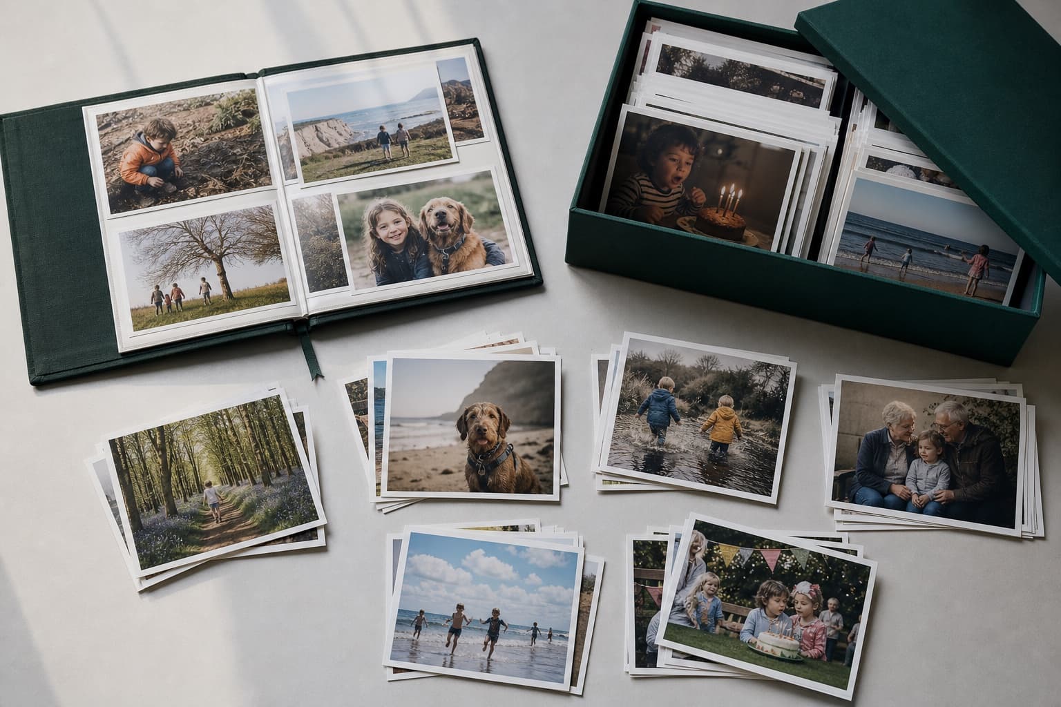 An album, archive box and groups of printed family photographs collected over time