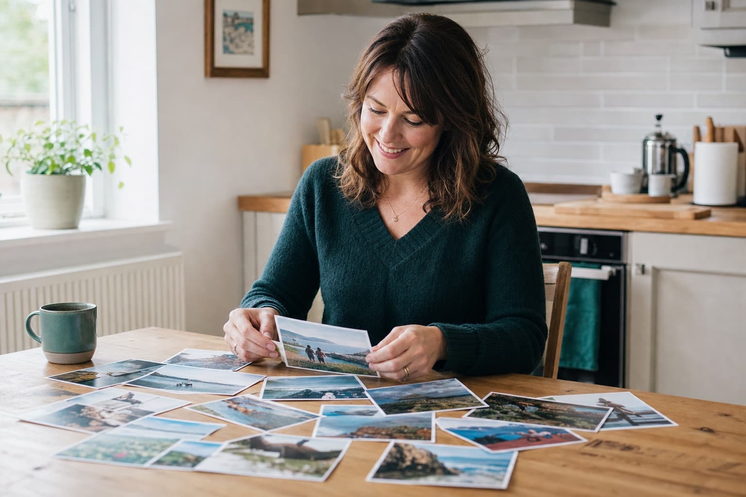 A woman sorting a new collection of family photo prints at her kitchen table