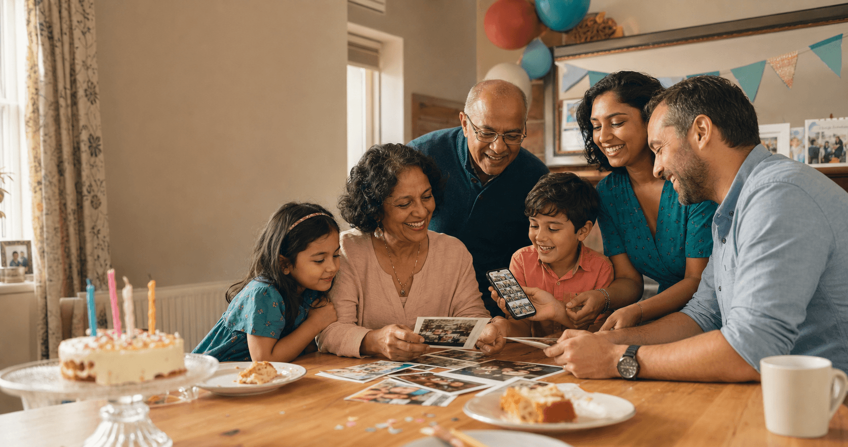 A family choosing photographs together after a birthday celebration