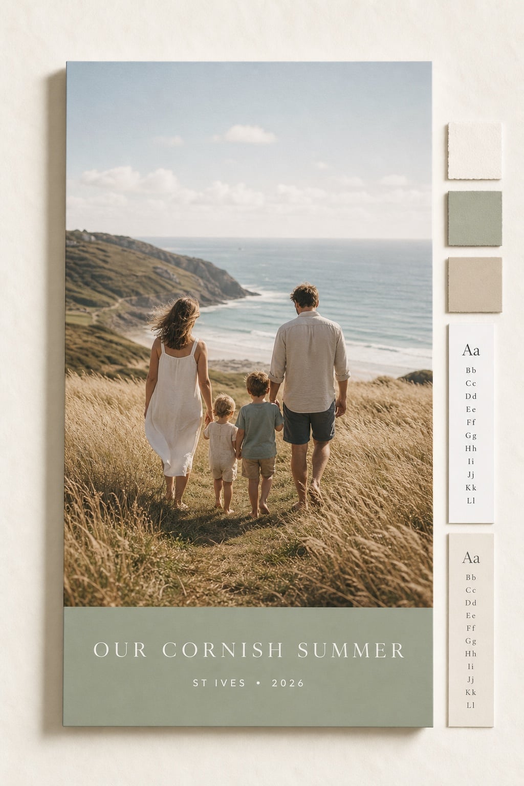 Personalised family photo print titled Our Cornish Summer with colour and typography samples